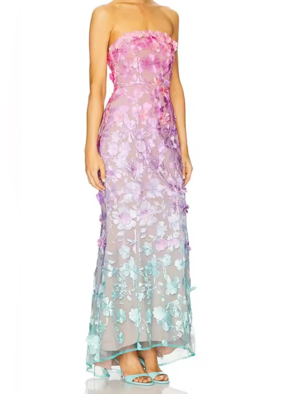 NEW $225 Strapless Pink Ombre Floral Appliqué Evening Dress - Picture 5 of 7